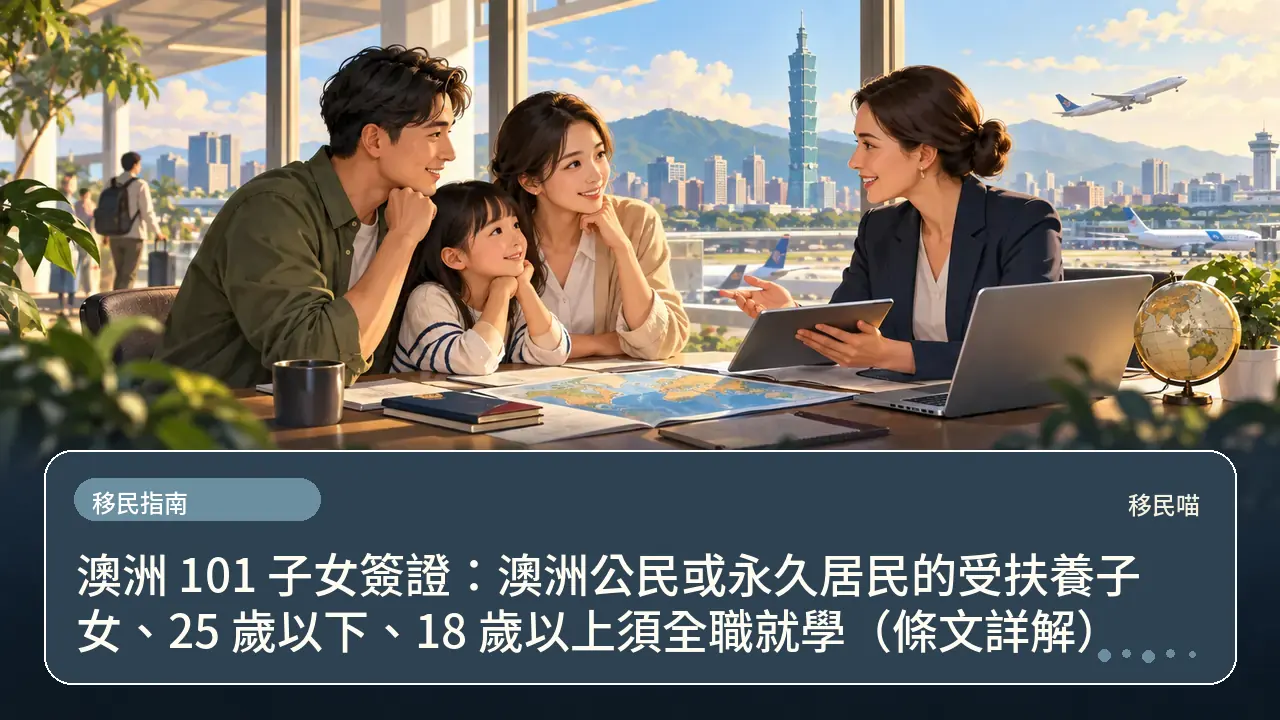 澳洲 101 子女簽證:澳洲公民或永久居民的受扶養子女、25 歲以下、18 歲以上須全職就學(條文詳解)主題插畫