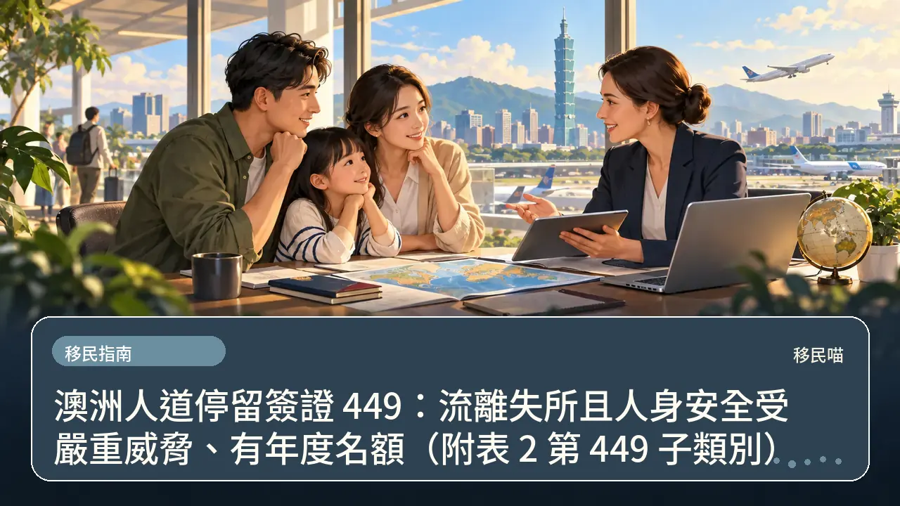 澳洲人道停留簽證 449：流離失所且人身安全受嚴重威脅、有年度名額（附表 2 第 449 子類別）主題插畫