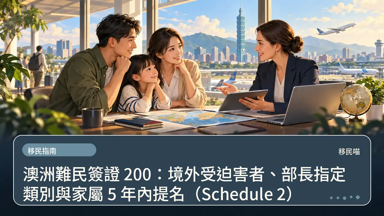 澳洲難民簽證 200:境外受迫害者、部長指定類別與家屬 5 年內提名(Schedule 2)主題插畫