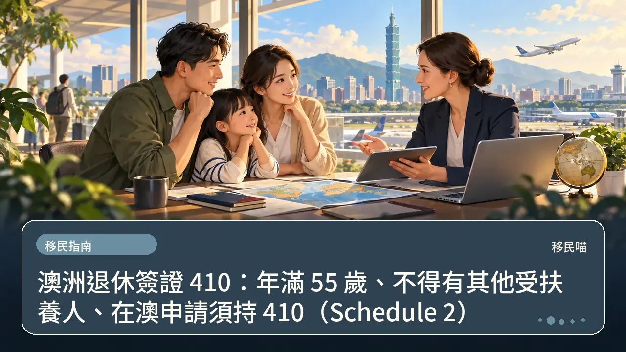 澳洲退休簽證 410:年滿 55 歲、不得有其他受扶養人、在澳申請須持 410(Schedule 2)主題插畫