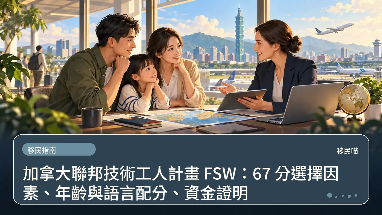 加拿大聯邦技術工人計畫 FSW：67 分選擇因素、年齡與語言配分、資金證明主題插畫