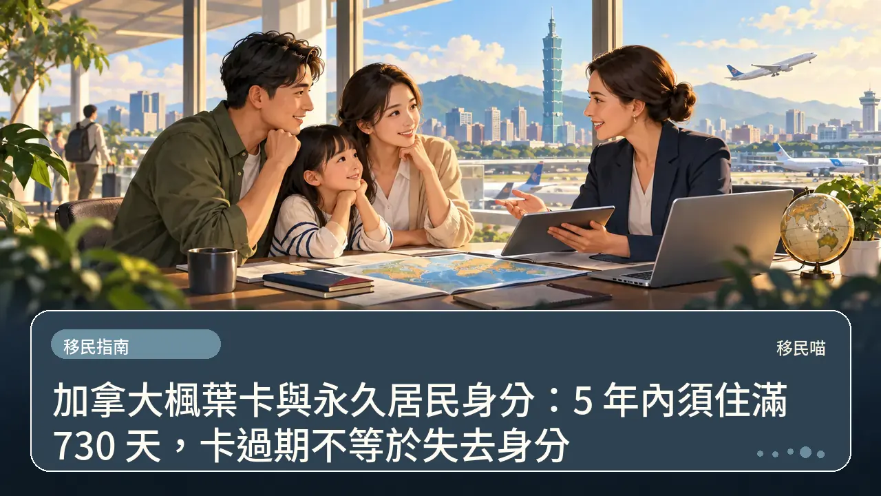 加拿大楓葉卡與永久居民身分:5 年內須住滿 730 天,卡過期不等於失去身分主題插畫