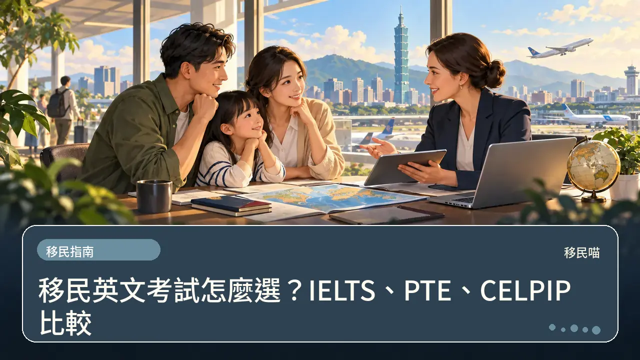 移民英文考試怎麼選？IELTS、PTE、CELPIP 比較主題插畫