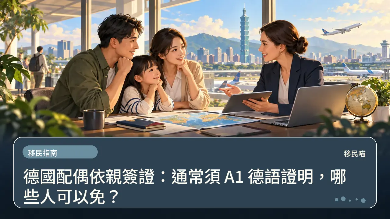 德國配偶依親簽證:通常須 A1 德語證明,哪些人可以免?主題插畫