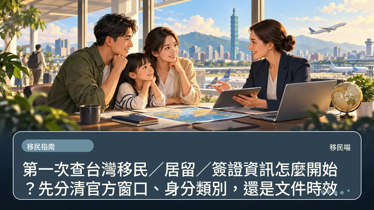 第一次查台灣移民/居留/簽證資訊怎麼開始?先分清官方窗口、身分類別,還是文件時效主題插畫