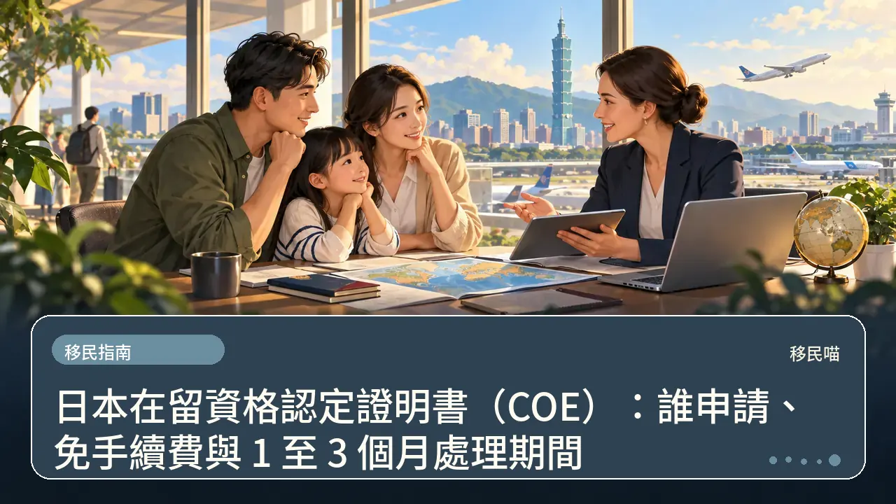 日本在留資格認定證明書（COE）：誰申請、免手續費與 1 至 3 個月處理期間主題插畫