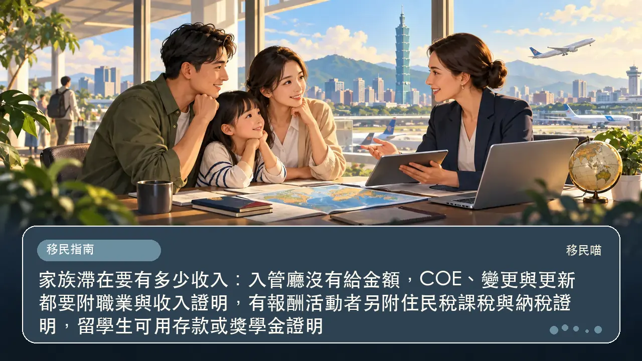 家族滯在要有多少收入：入管廳沒有給金額，COE、變更與更新都要附職業與收入證明，有報酬活動者另附住民稅課稅與納稅證明，留學生可用存款或獎學金證明主題插畫