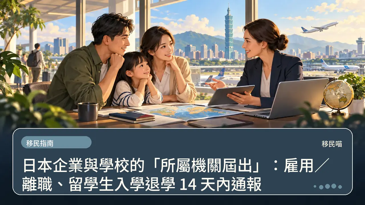 日本企業與學校的「所屬機關屆出」：雇用／離職、留學生入學退學 14 天內通報主題插畫