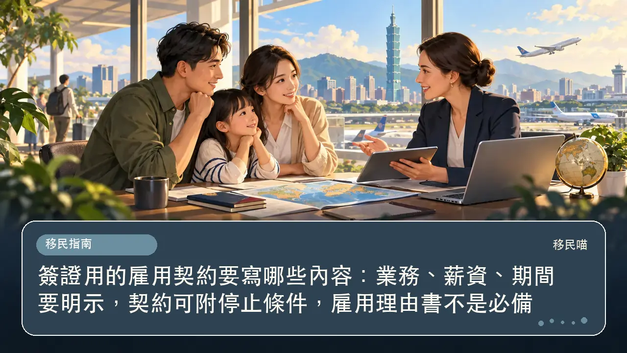 簽證用的雇用契約要寫哪些內容:業務、薪資、期間要明示,契約可附停止條件,雇用理由書不是必備主題插畫