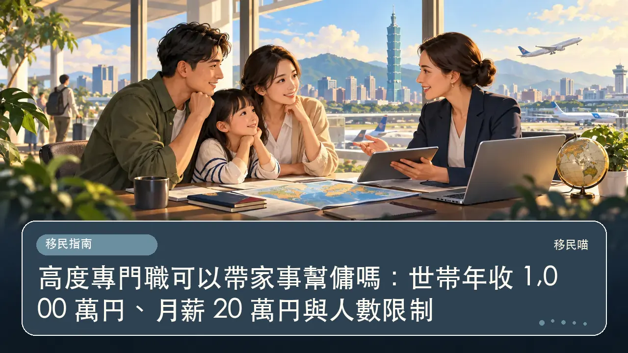 高度專門職可以帶家事幫傭嗎:世帯年收 1,000 萬円、月薪 20 萬円與人數限制主題插畫