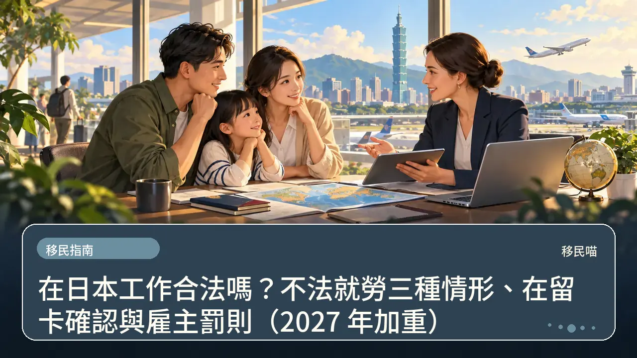 在日本工作合法嗎？不法就勞三種情形、在留卡確認與雇主罰則（2027 年加重）主題插畫