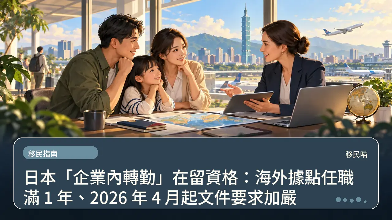 日本「企業內轉勤」在留資格：海外據點任職滿 1 年、2026 年 4 月起文件要求加嚴主題插畫
