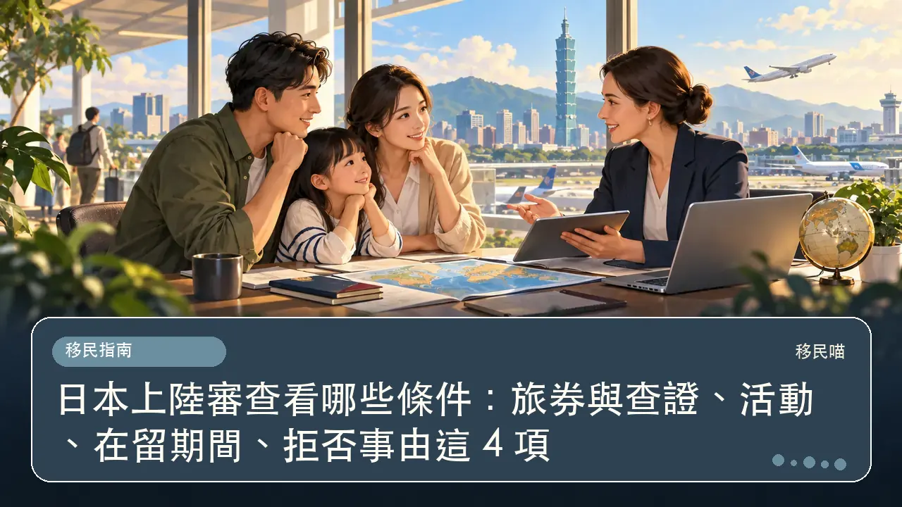 日本上陸審查看哪些條件:旅券與查證、活動、在留期間、拒否事由這 4 項主題插畫