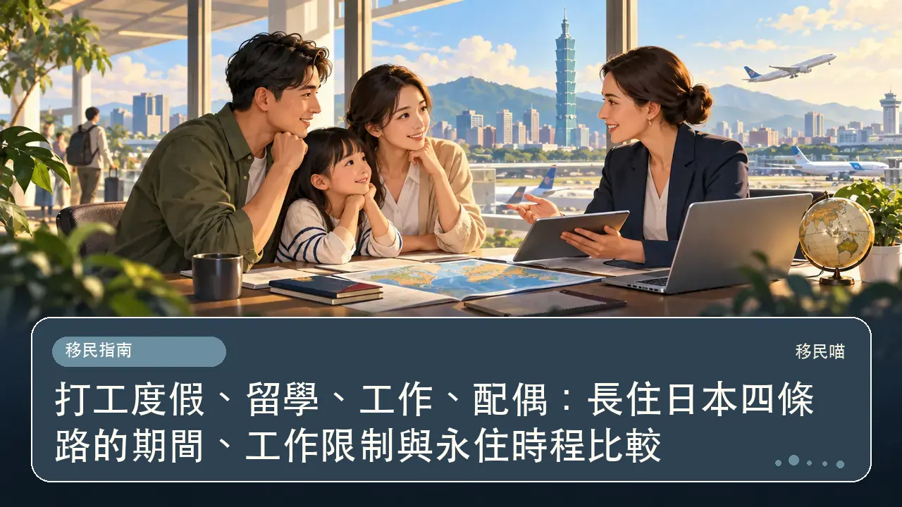 打工度假、留學、工作、配偶：長住日本四條路的期間、工作限制與永住時程比較主題插畫