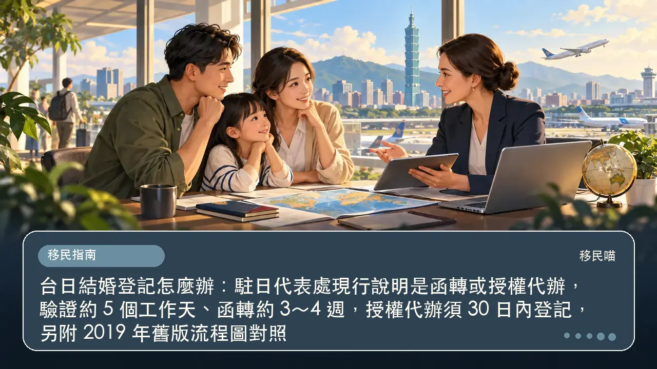 台日結婚登記怎麼辦：駐日代表處現行說明是函轉或授權代辦，驗證約 5 個工作天、函轉約 3～4 週，授權代辦須 30 日內登記，另附 2019 年舊版流程圖對照主題插畫