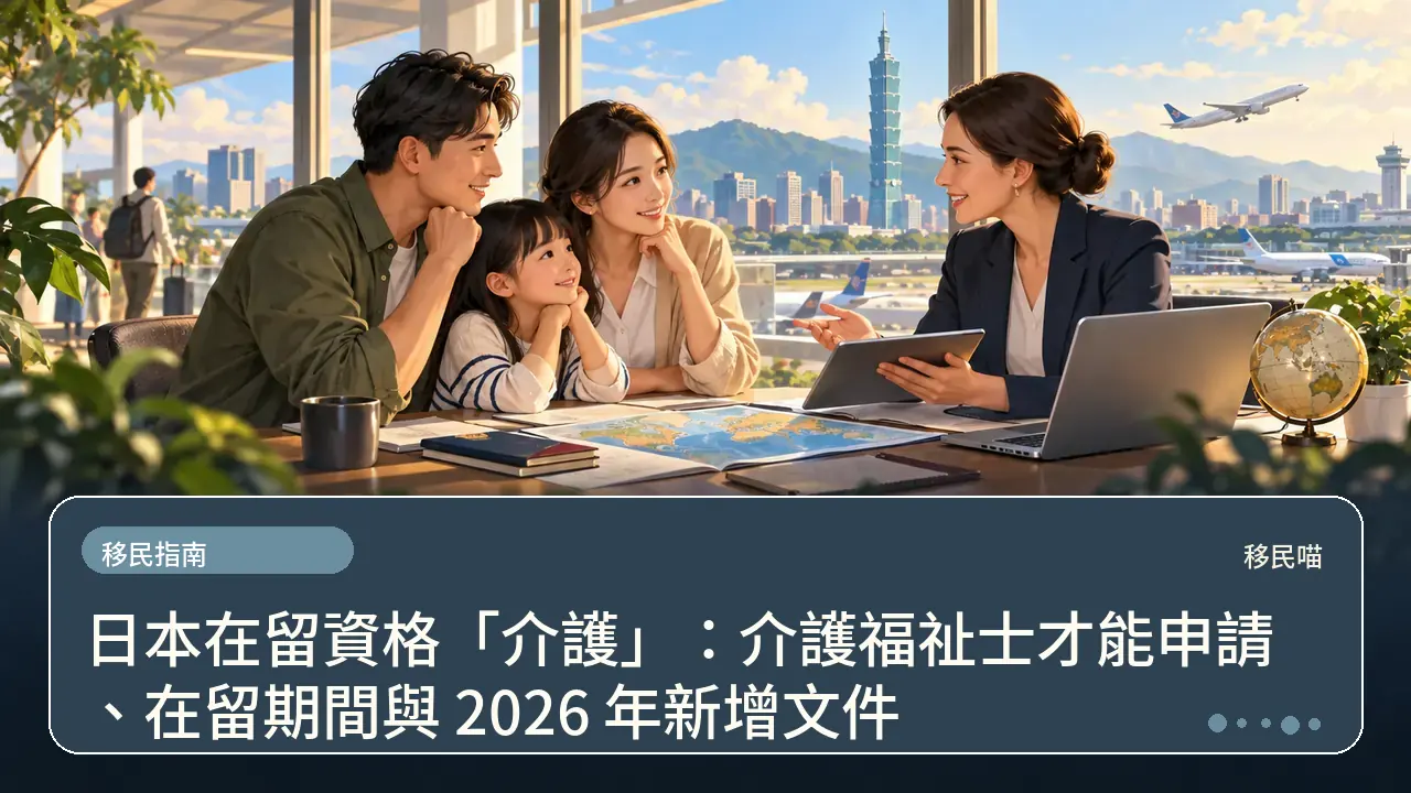 日本在留資格「介護」:介護福祉士才能申請、在留期間與 2026 年新增文件主題插畫