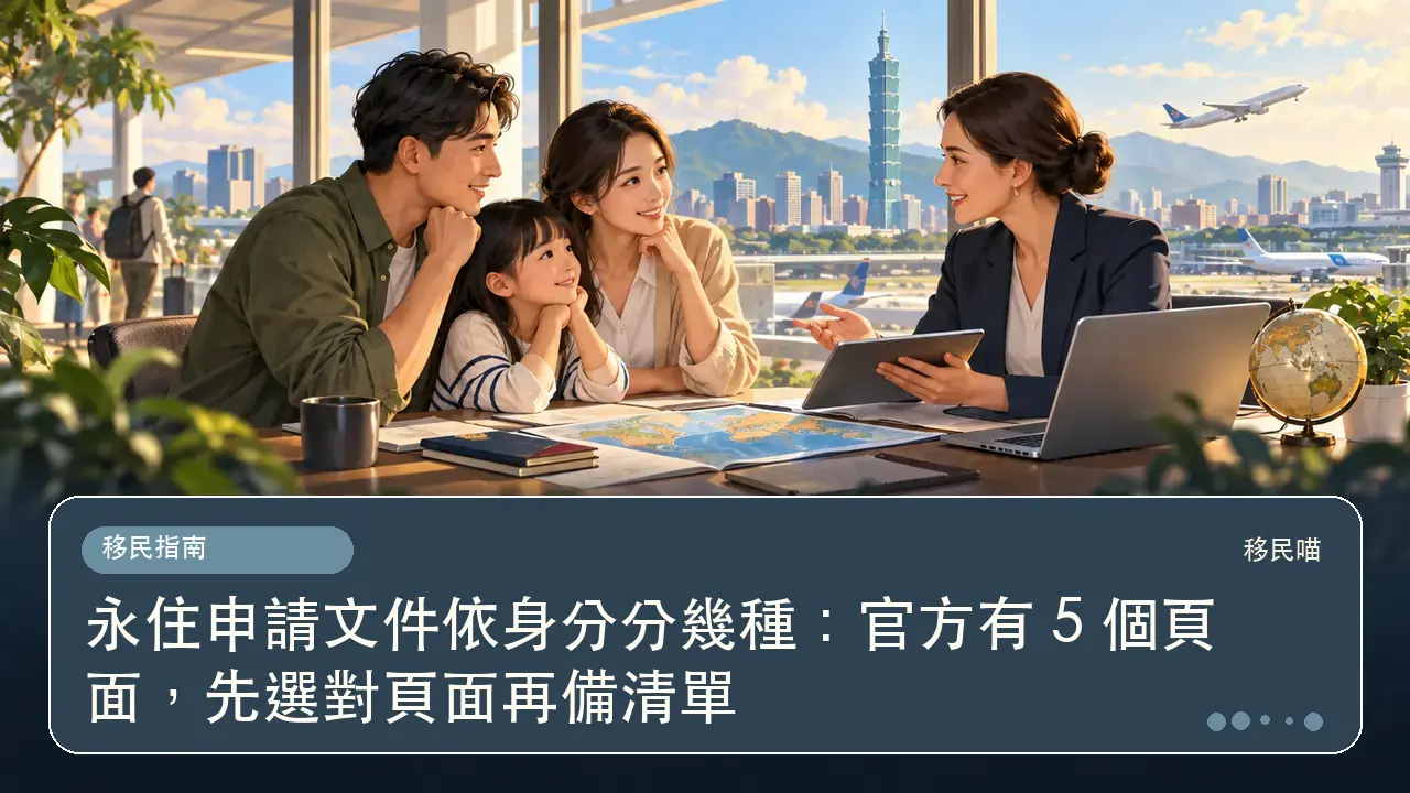永住申請文件依身分分幾種:官方有 5 個頁面,先選對頁面再備清單主題插畫
