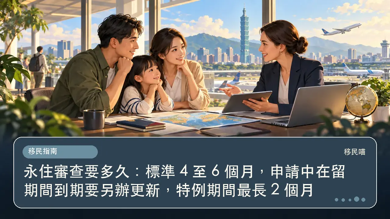 永住審查要多久：標準 4 至 6 個月，申請中在留期間到期要另辦更新，特例期間最長 2 個月主題插畫