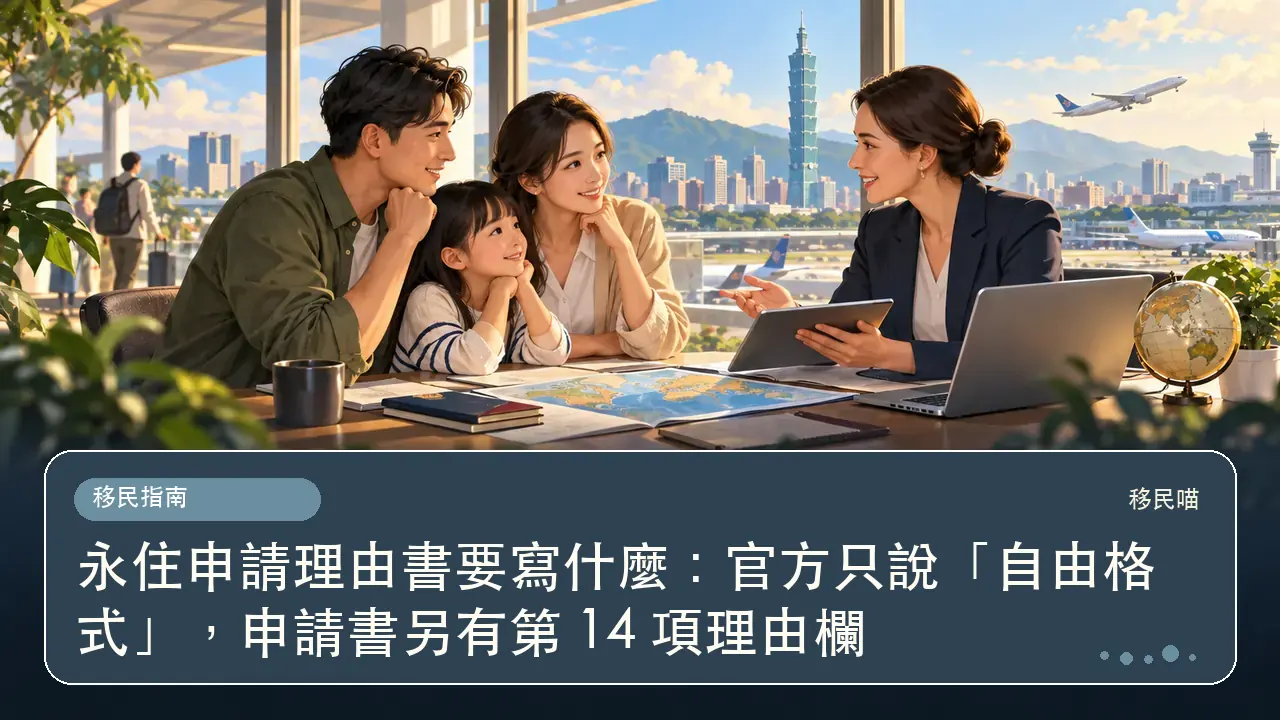 永住申請理由書要寫什麼:官方只說「自由格式」,申請書另有第 14 項理由欄主題插畫