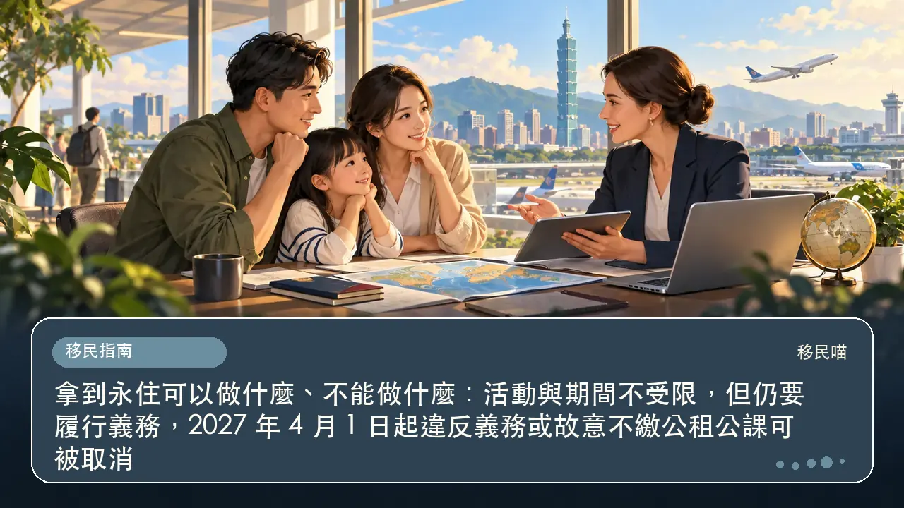 拿到永住可以做什麼、不能做什麼：活動與期間不受限，但仍要履行義務，2027 年 4 月 1 日起違反義務或故意不繳公租公課可被取消主題插畫