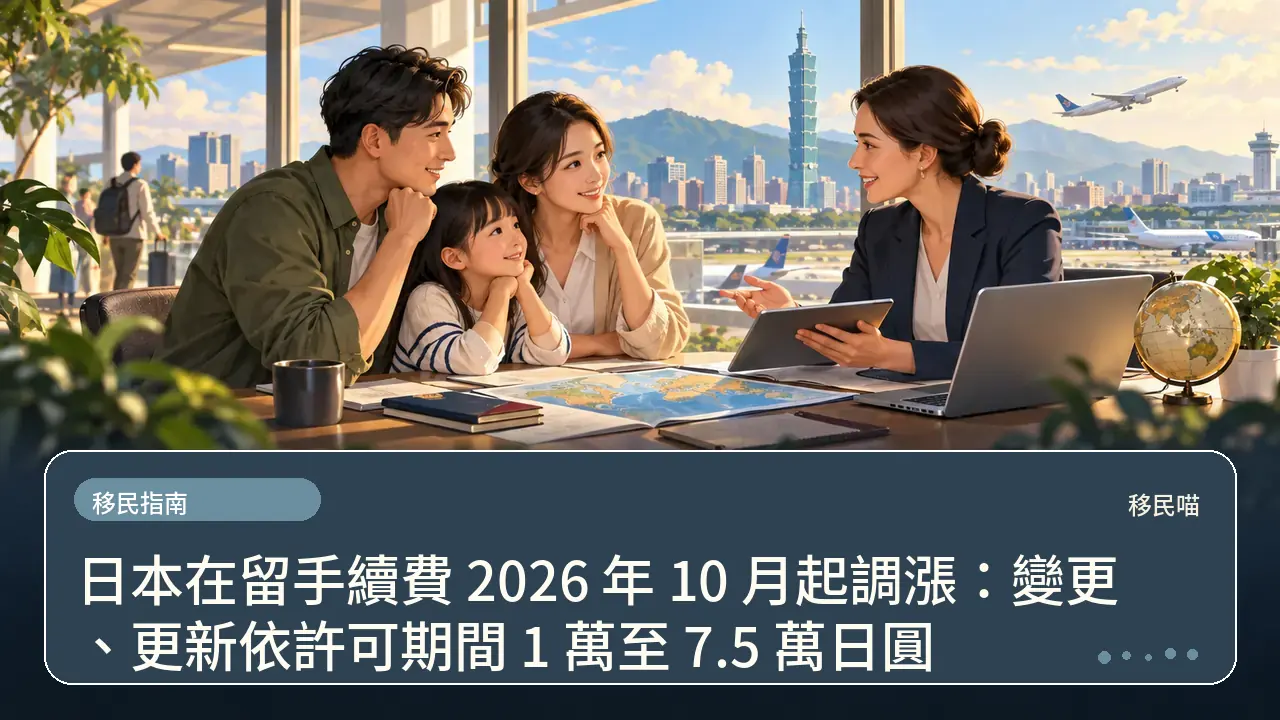 日本在留手續費 2026 年 10 月起調漲:變更、更新依許可期間 1 萬至 7.5 萬日圓主題插畫