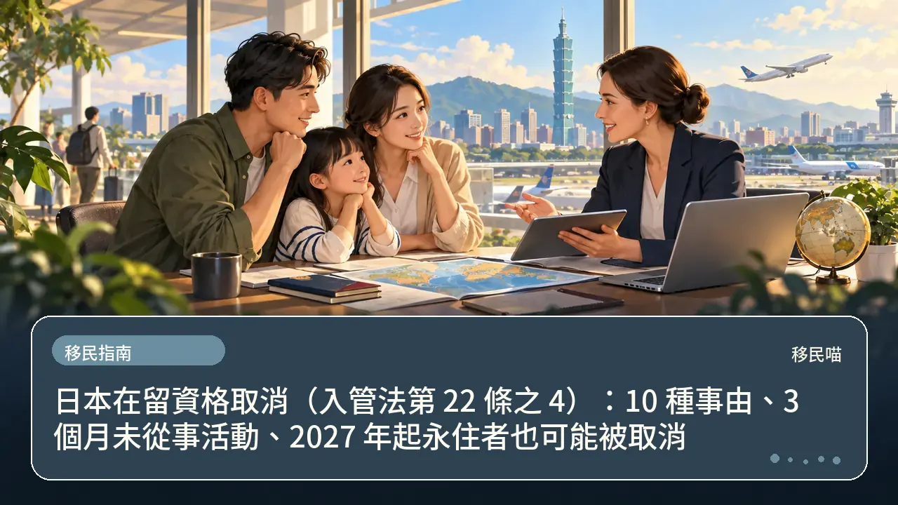 日本在留資格取消（入管法第 22 條之 4）：10 種事由、3 個月未從事活動、2027 年起永住者也可能被取消主題插畫