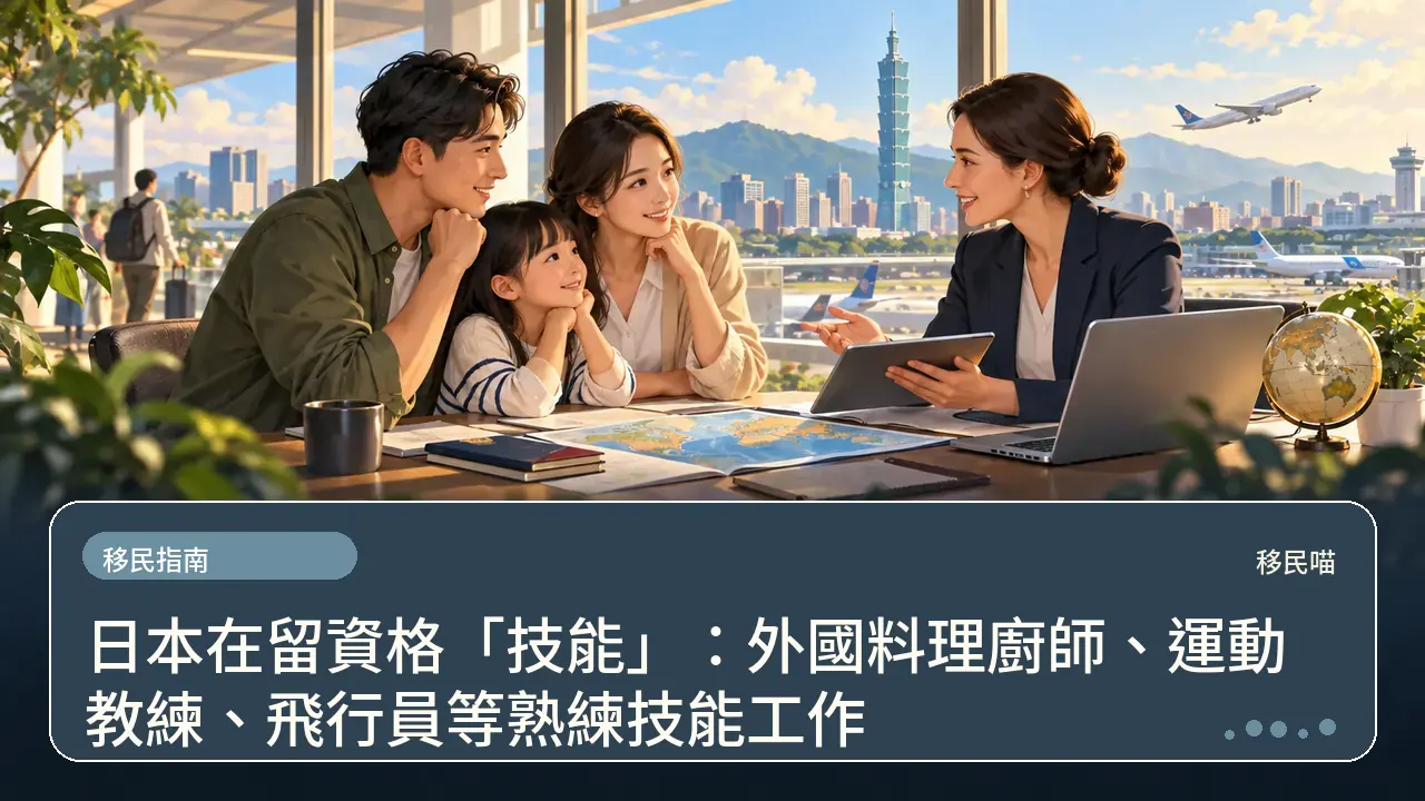 日本在留資格「技能」：外國料理廚師、運動教練、飛行員等熟練技能工作主題插畫