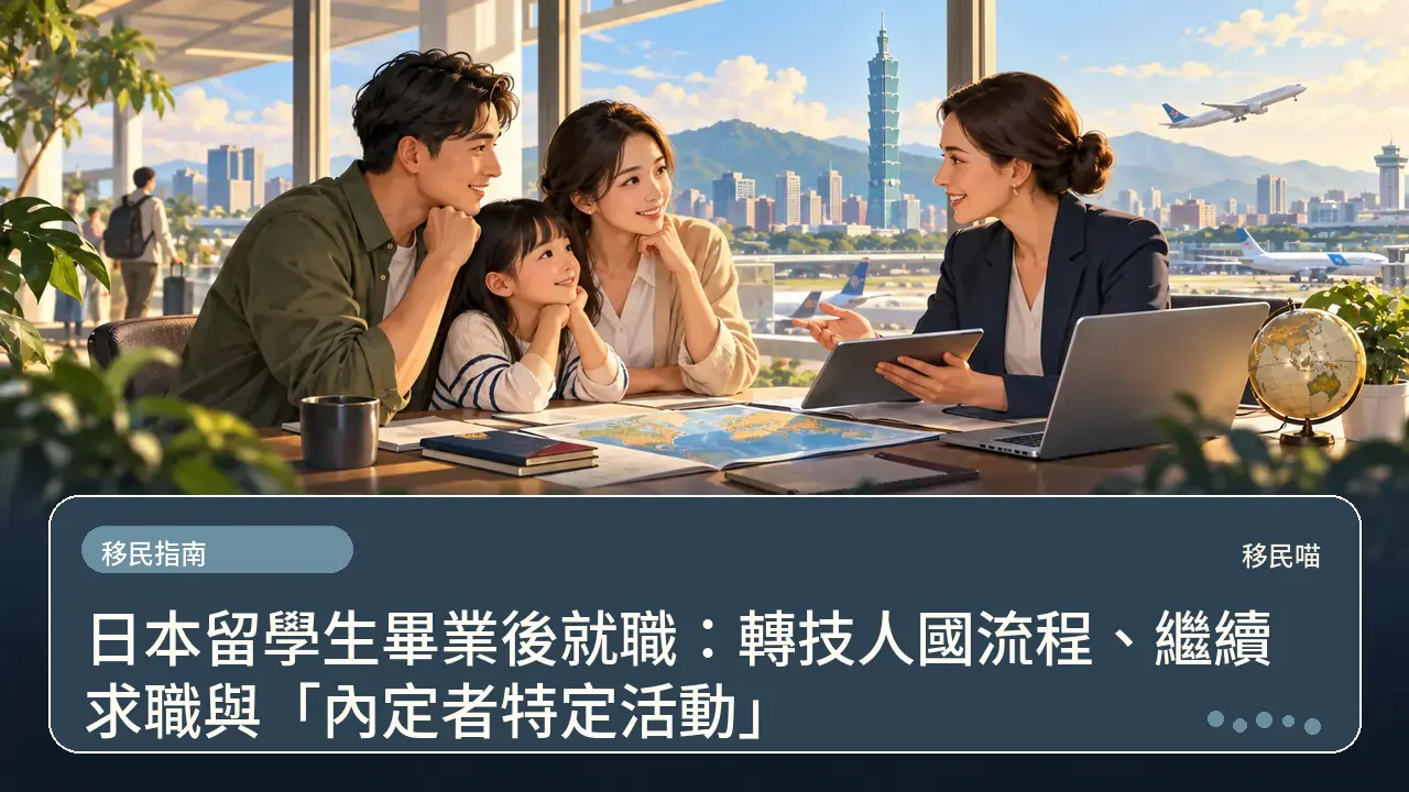 日本留學生畢業後就職：轉技人國流程、繼續求職與「內定者特定活動」主題插畫