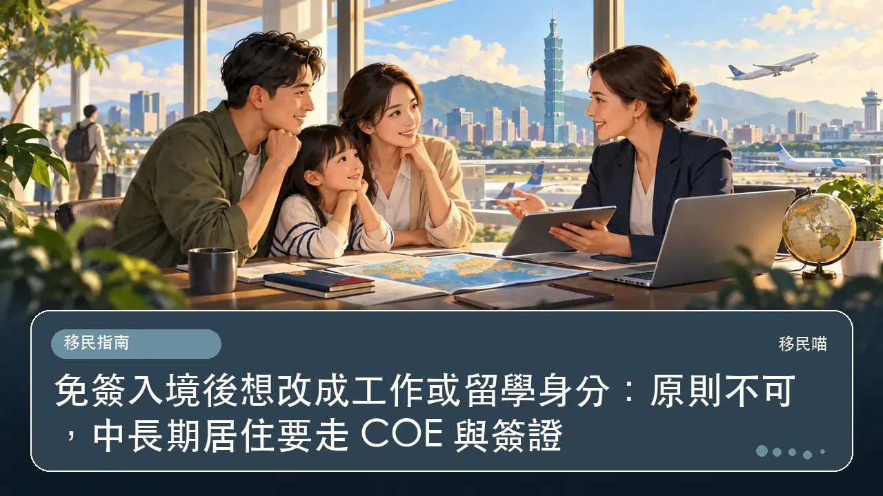 免簽入境後想改成工作或留學身分:原則不可,中長期居住要走 COE 與簽證主題插畫