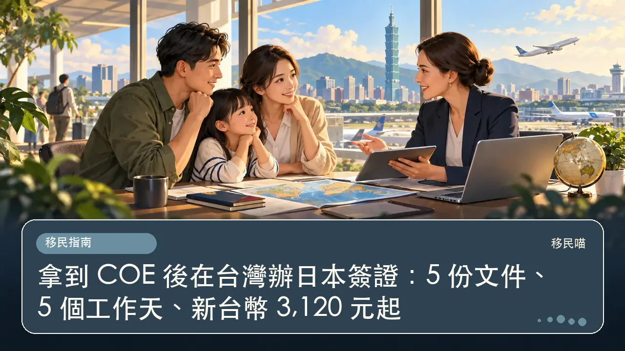 拿到 COE 後在台灣辦日本簽證：5 份文件、5 個工作天、新台幣 3,120 元起主題插畫