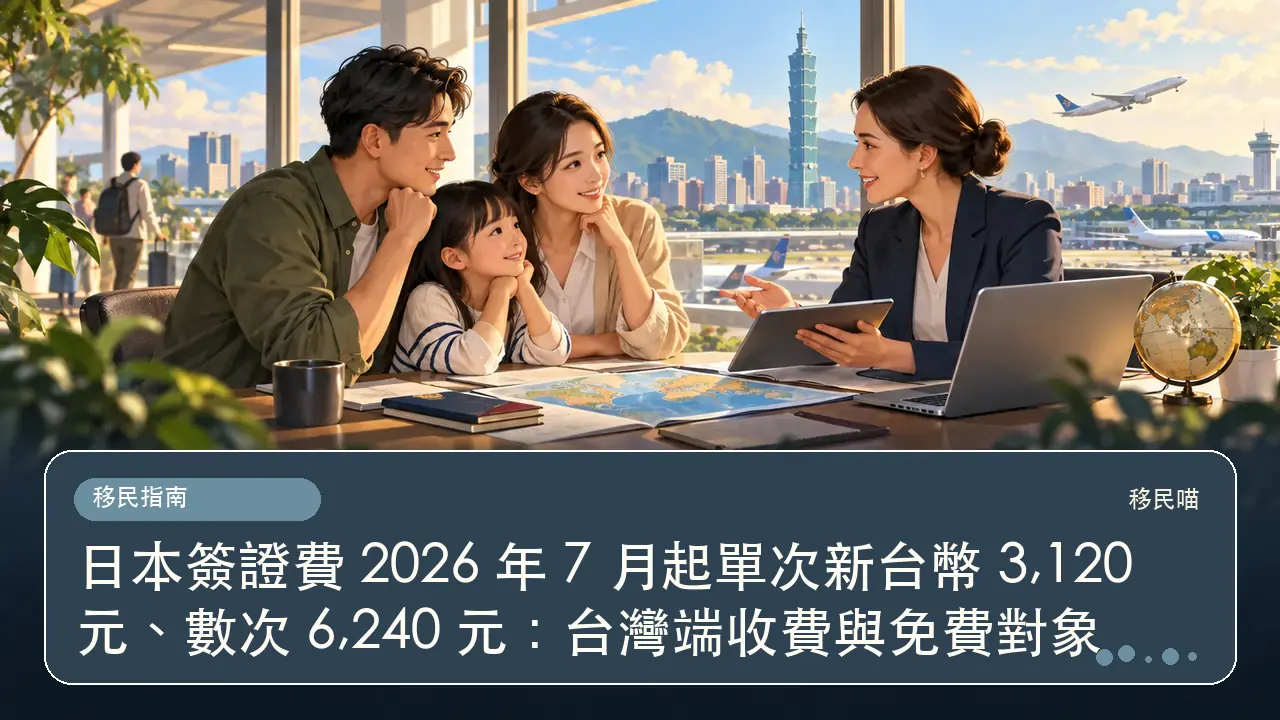 日本簽證費 2026 年 7 月起單次新台幣 3,120 元、數次 6,240 元:台灣端收費與免費對象主題插畫