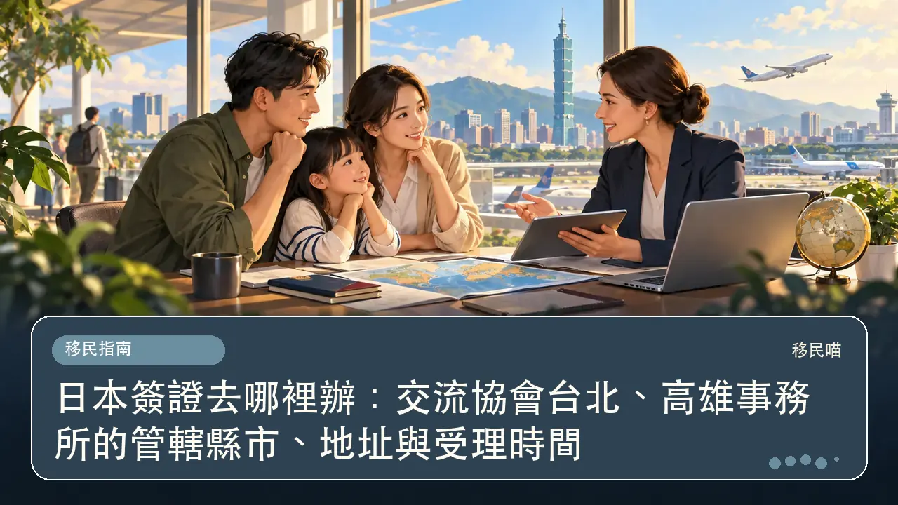 日本簽證去哪裡辦：交流協會台北、高雄事務所的管轄縣市、地址與受理時間主題插畫