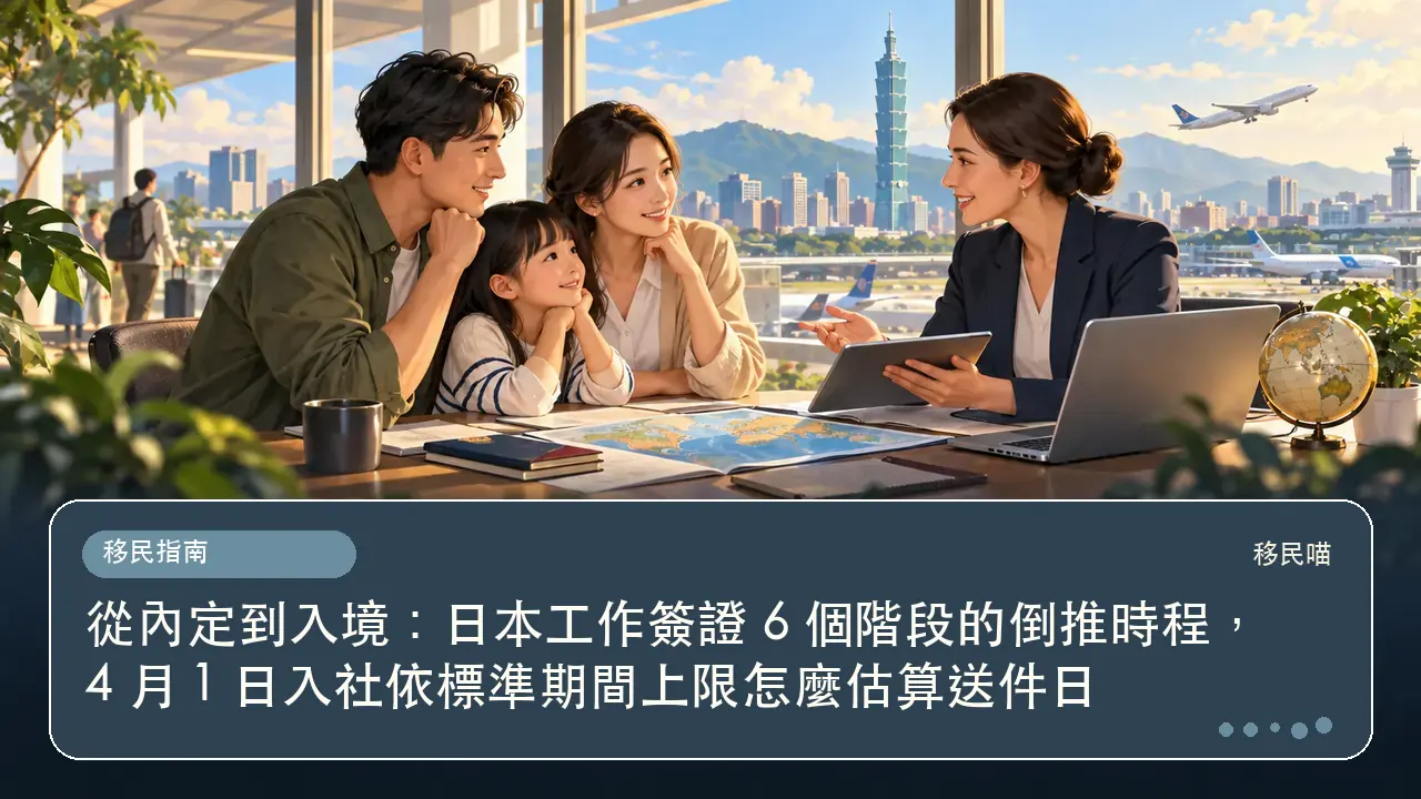 從內定到入境:日本工作簽證 6 個階段的倒推時程,4 月 1 日入社依標準期間上限怎麼估算送件日主題插畫
