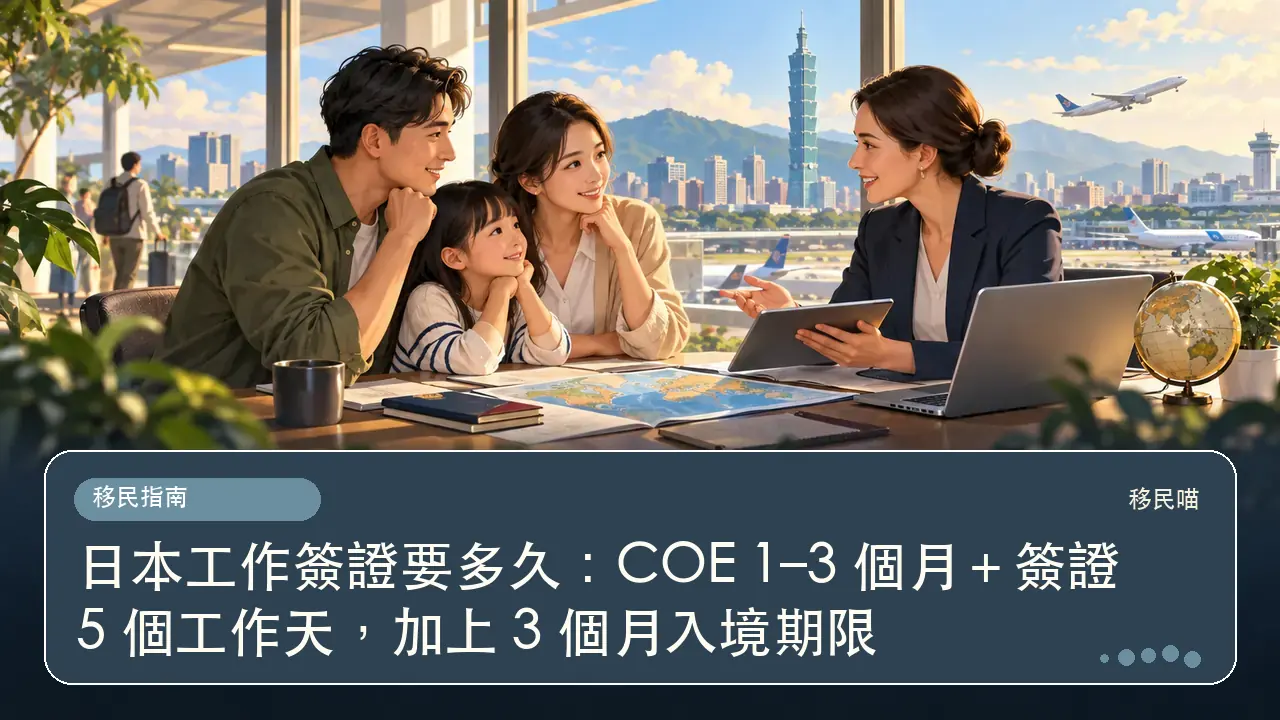日本工作簽證要多久：COE 1–3 個月＋簽證 5 個工作天，加上 3 個月入境期限主題插畫