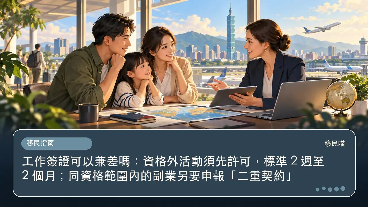 工作簽證可以兼差嗎：資格外活動須先許可，標準 2 週至 2 個月；同資格範圍內的副業另要申報「二重契約」主題插畫