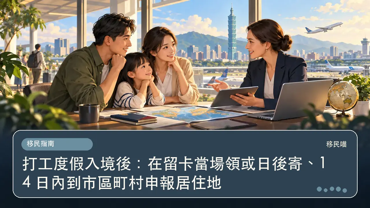 打工度假入境後:在留卡當場領或日後寄、14 日內到市區町村申報居住地主題插畫