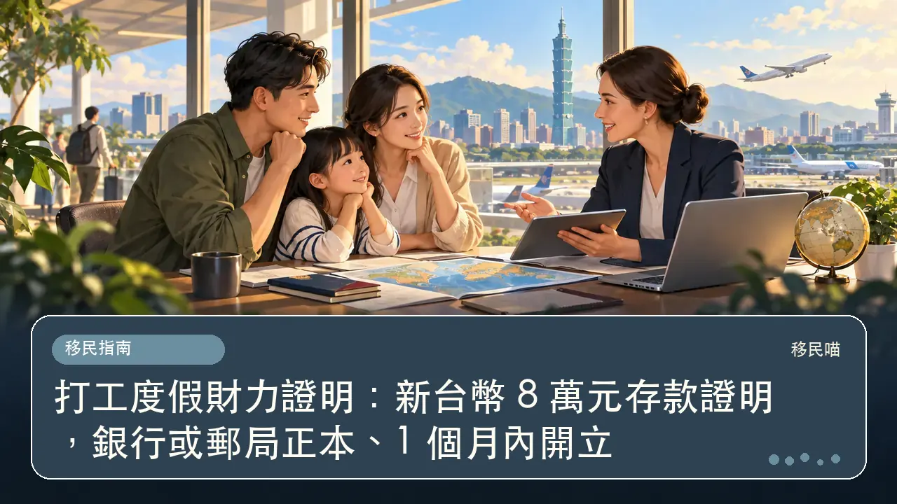 打工度假財力證明：新台幣 8 萬元存款證明，銀行或郵局正本、1 個月內開立主題插畫