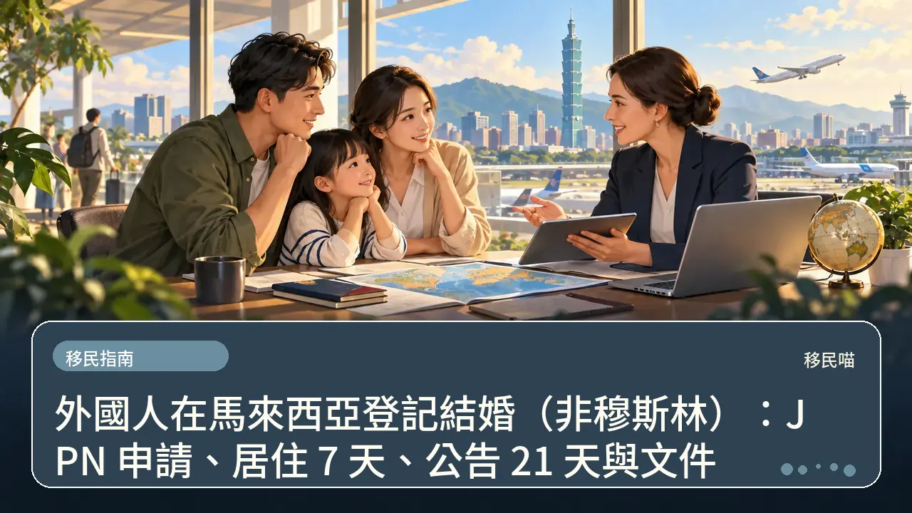 外國人在馬來西亞登記結婚(非穆斯林):JPN 申請、居住 7 天、公告 21 天與文件主題插畫