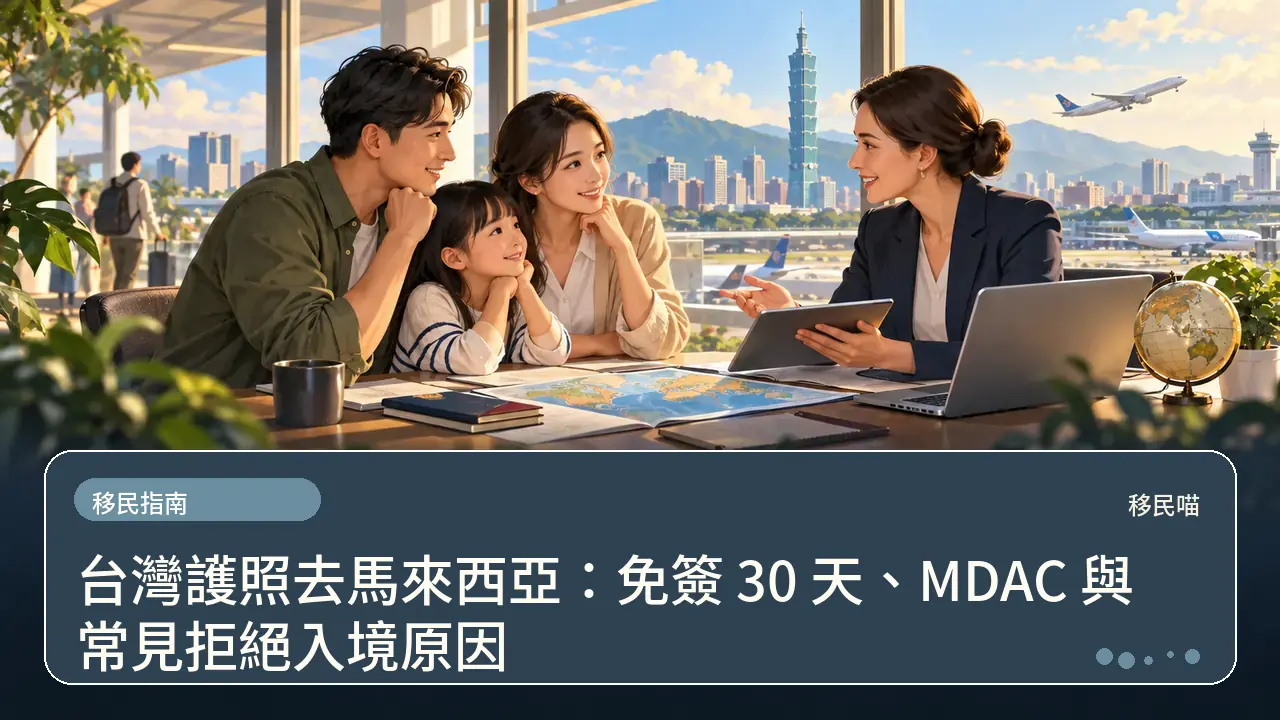 台灣護照去馬來西亞：免簽 30 天、MDAC 與常見拒絕入境原因主題插畫