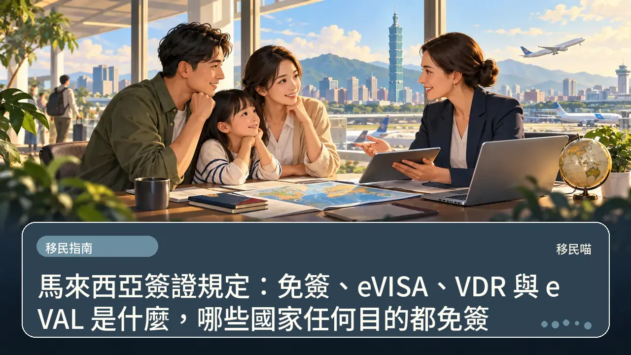 馬來西亞簽證規定:免簽、eVISA、VDR 與 eVAL 是什麼,哪些國家任何目的都免簽主題插畫