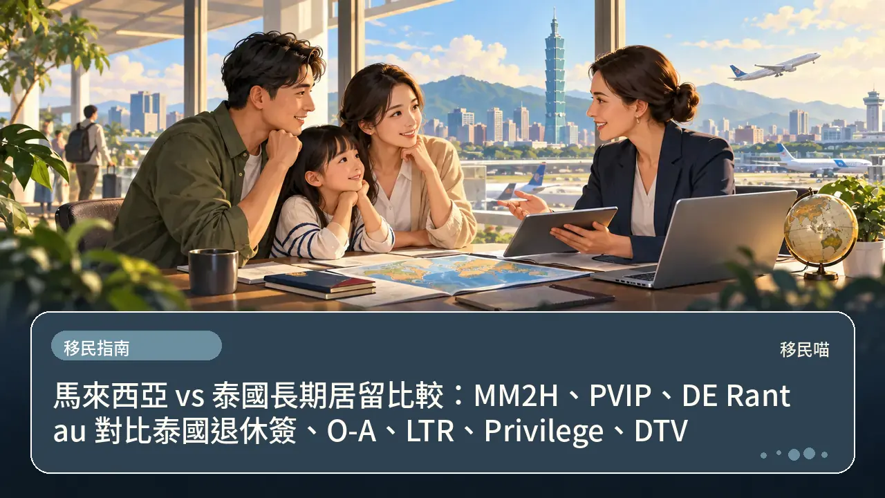 馬來西亞 vs 泰國長期居留比較：MM2H、PVIP、DE Rantau 對比泰國退休簽、O-A、LTR、Privilege、DTV主題插畫