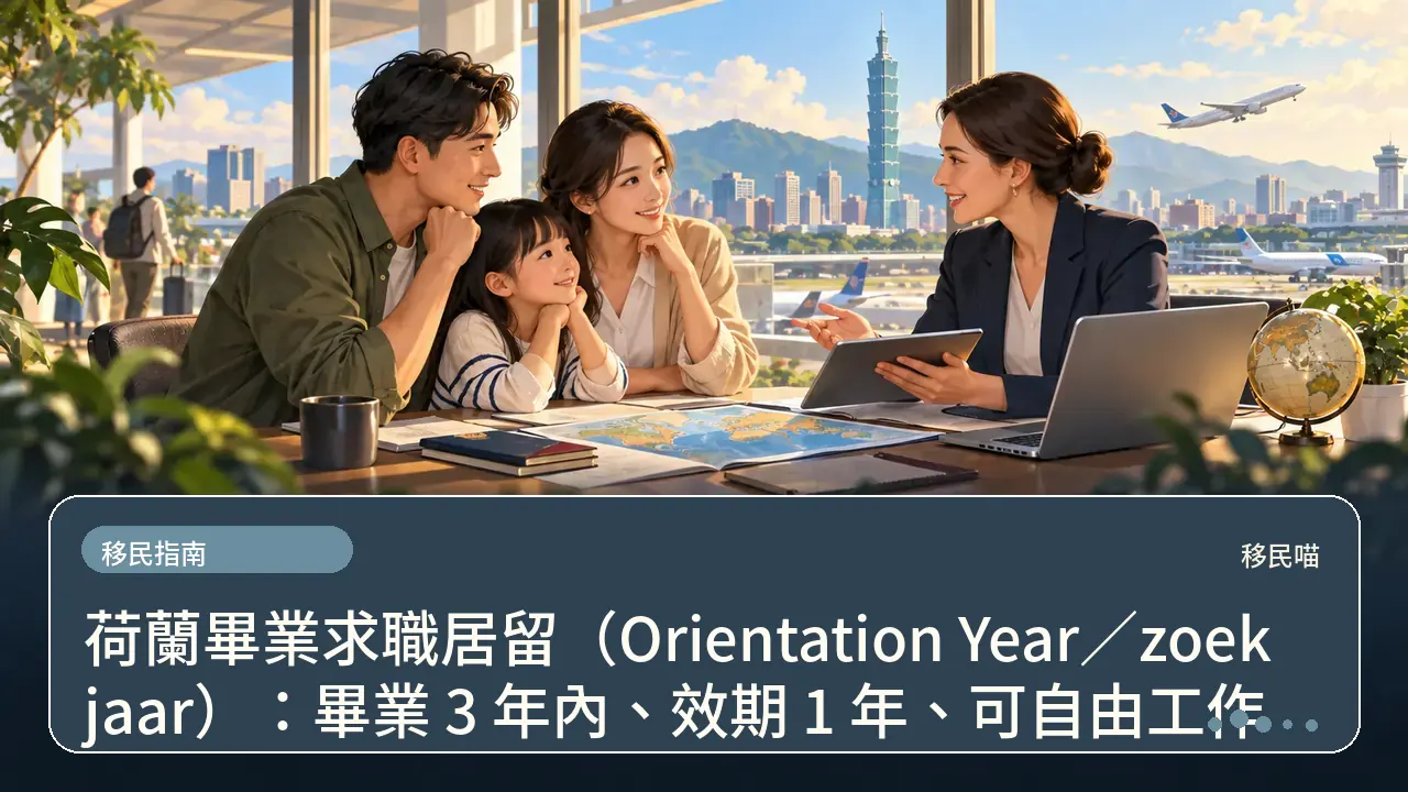 荷蘭畢業求職居留（Orientation Year／zoekjaar）：畢業 3 年內、效期 1 年、可自由工作主題插畫