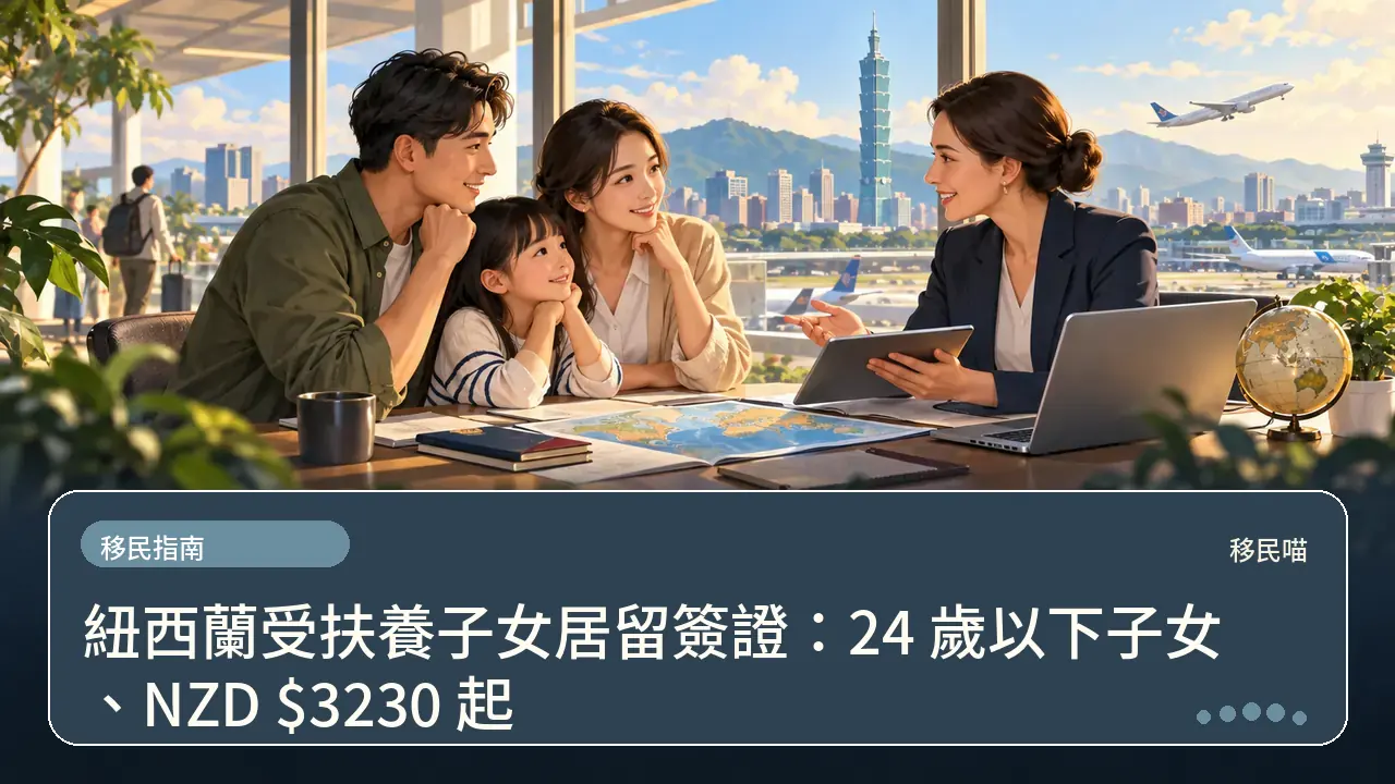 紐西蘭受扶養子女居留簽證:24 歲以下子女、NZD $3230 起主題插畫