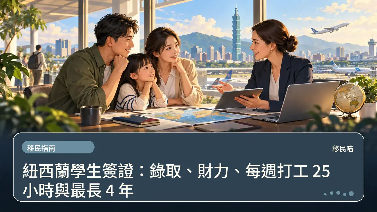 紐西蘭學生簽證:錄取、財力、每週打工 25 小時與最長 4 年主題插畫