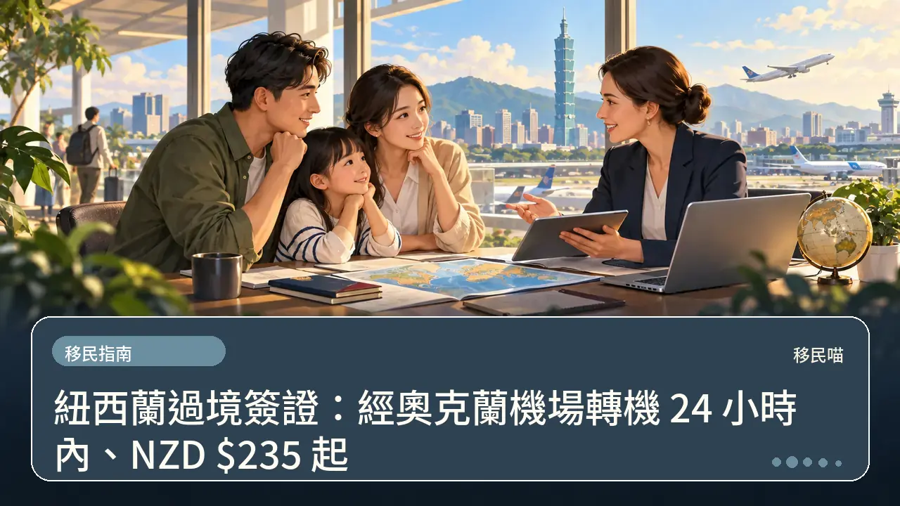 紐西蘭過境簽證:經奧克蘭機場轉機 24 小時內、NZD $235 起主題插畫