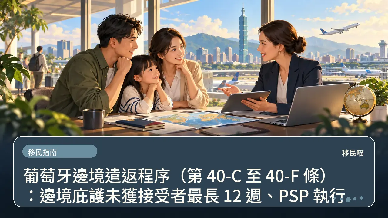 葡萄牙邊境遣返程序（第 40-C 至 40-F 條）：邊境庇護未獲接受者最長 12 週、PSP 執行主題插畫