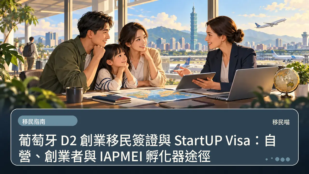 葡萄牙 D2 創業移民簽證與 StartUP Visa:自營、創業者與 IAPMEI 孵化器途徑主題插畫