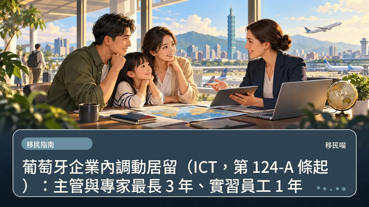 葡萄牙企業內調動居留(ICT,第 124-A 條起):主管與專家最長 3 年、實習員工 1 年主題插畫
