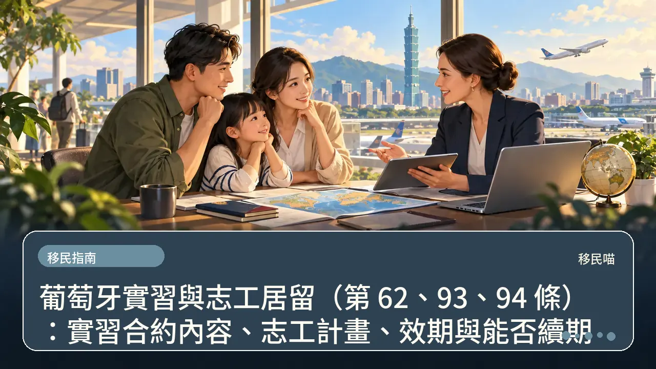 葡萄牙實習與志工居留（第 62、93、94 條）：實習合約內容、志工計畫、效期與能否續期主題插畫