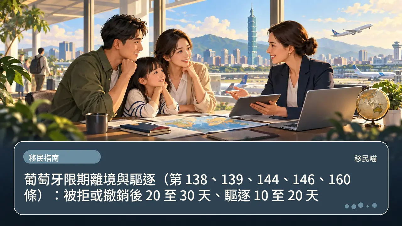 葡萄牙限期離境與驅逐（第 138、139、144、146、160 條）：被拒或撤銷後 20 至 30 天、驅逐 10 至 20 天主題插畫
